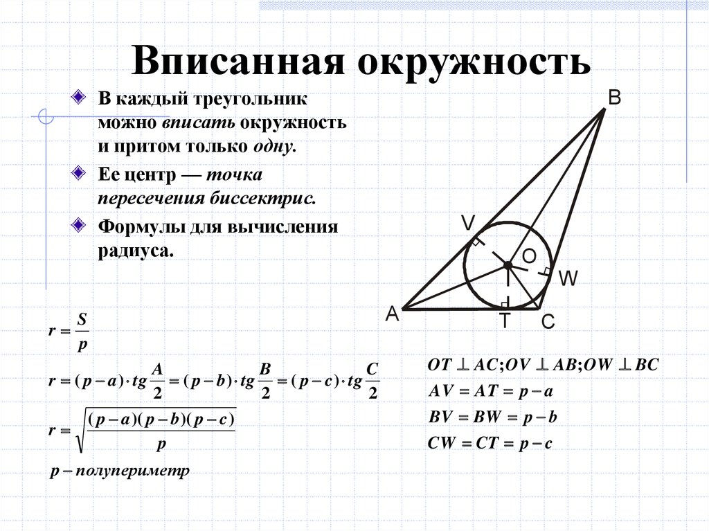 Радиус окружности вписанной в любой треугольника. Формула вписанной окружности в прямоугольный треугольник. Тупоугольный треугольник вписанный в окружность. Окружность вписанная в треугольник. Вписанная окружность на пересечении биссектрис.