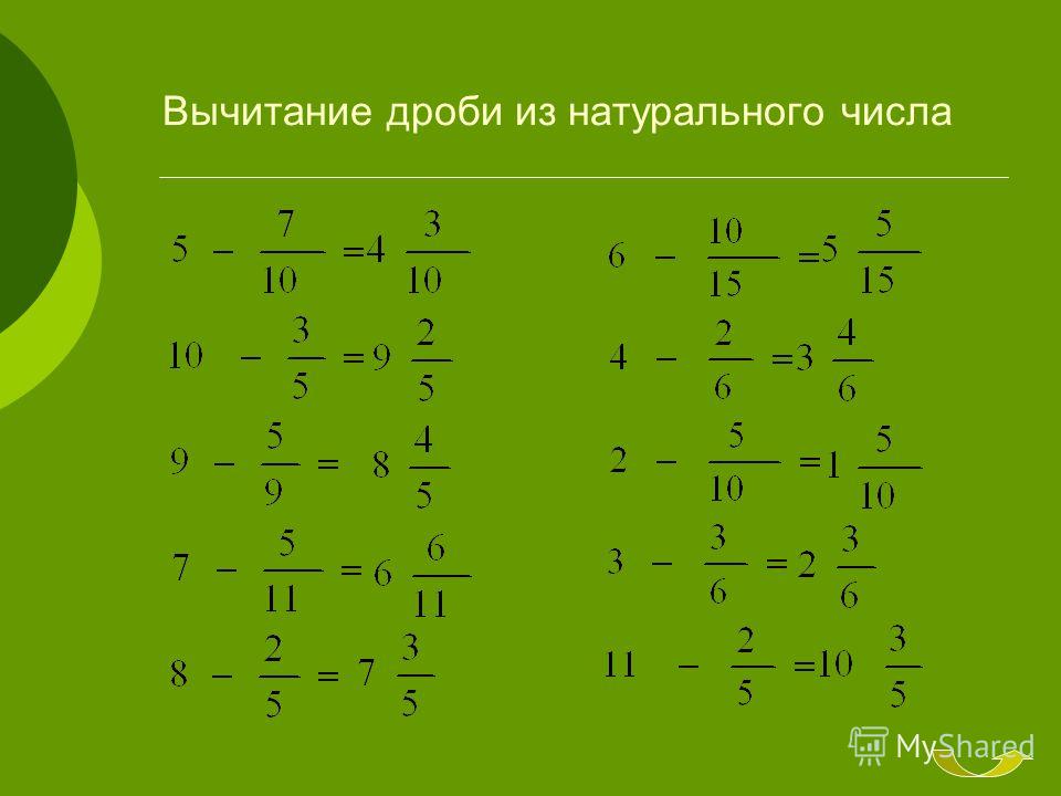 Как минусовать смешанные дроби. Вычитание дроби из смешанного числа 5 класс. Вычитание дробей из целого числа вычесть дробь. Вычитание дробей с целыми числами. Из дроби вычесть дробь.