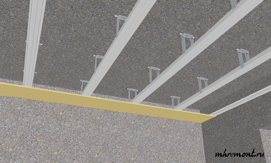 Как крепить пвх панели на потолок. Профиль для крепления панелей ПВХ К потолку. Направляющие на потолок для панелей. Потолочные направляющие для панелей ПВХ. Монтаж пластиковых панелей на потолок.