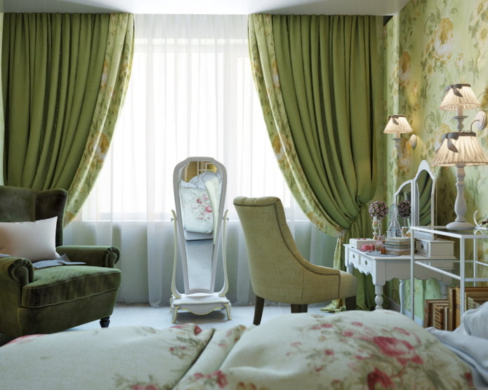 зеленые занавеси в спальне в стиле прованс