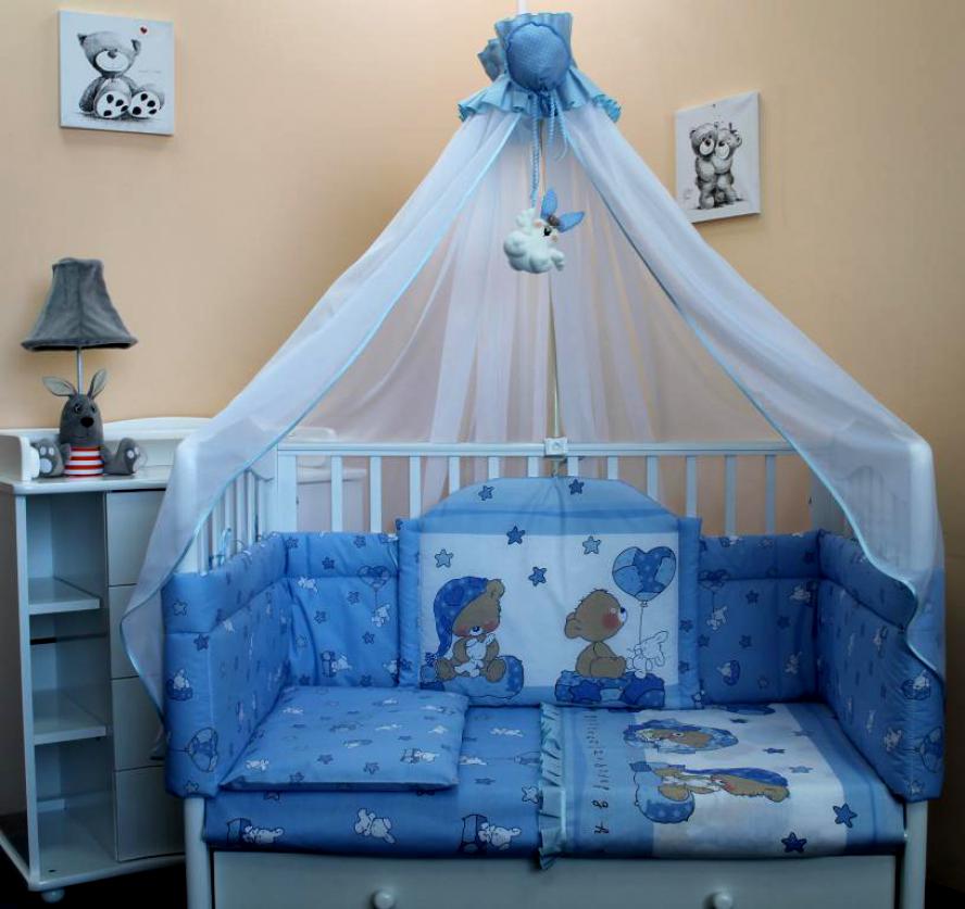 Детская кроватка с балдахином нежно-голубого цвета