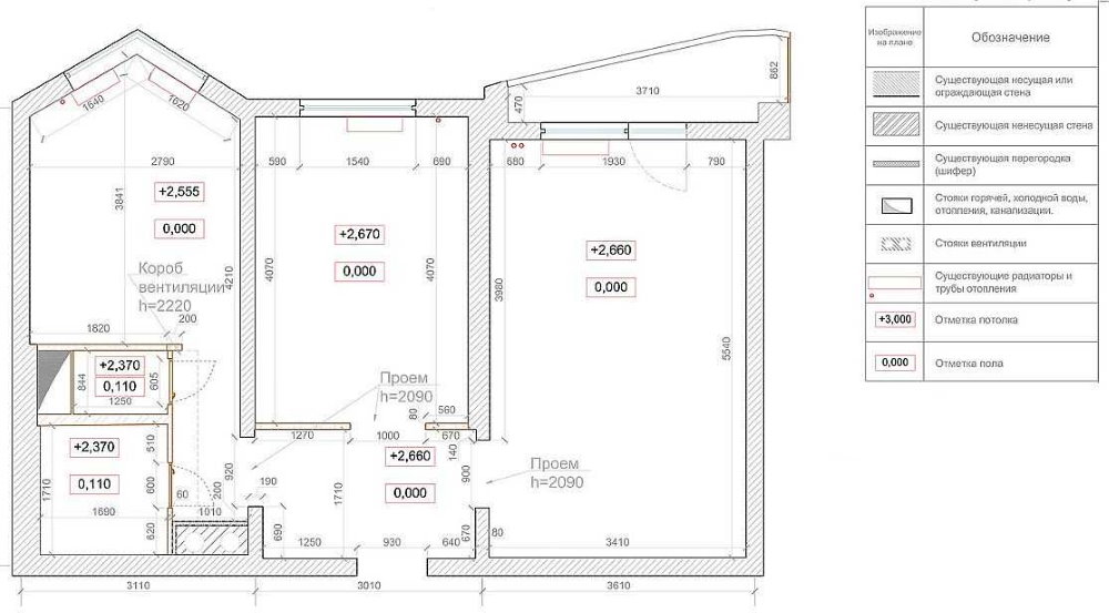 Схема обмера двухкомнатной квартиры в доме серии п44т
