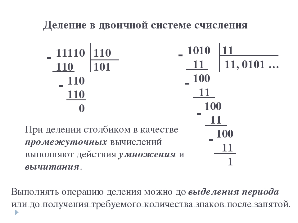 Деление натуральных чисел калькулятор. Как делить в двоичной системе. Деление столбиком в двоичной системе. Деление дробных двоичных чисел. Как делить двоичные числа столбиком.