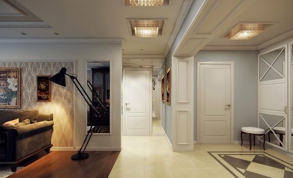 Отсутствие ковра в смежной гостиной-прихожей позволит визуально увеличить пространство в помещении
