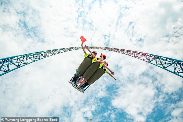 Instead of being secured to chairs, up to three tourists will be bound to the harness side by side horizontally before taking the white-knuckle ride over the Shisun river valley in China
