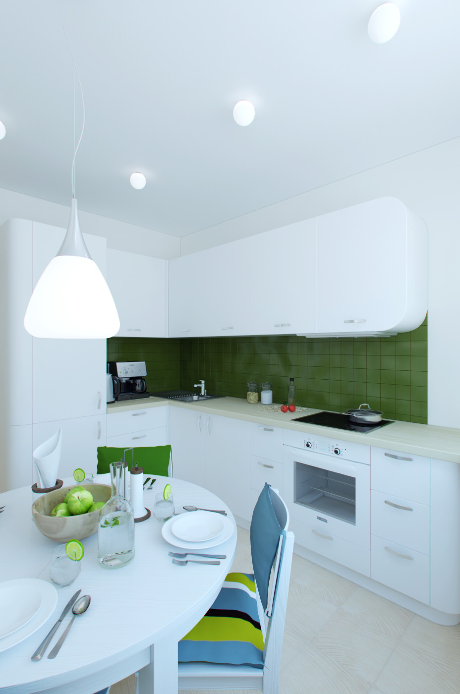 Дизайн интерьера кухни в бело-зеленых тонах