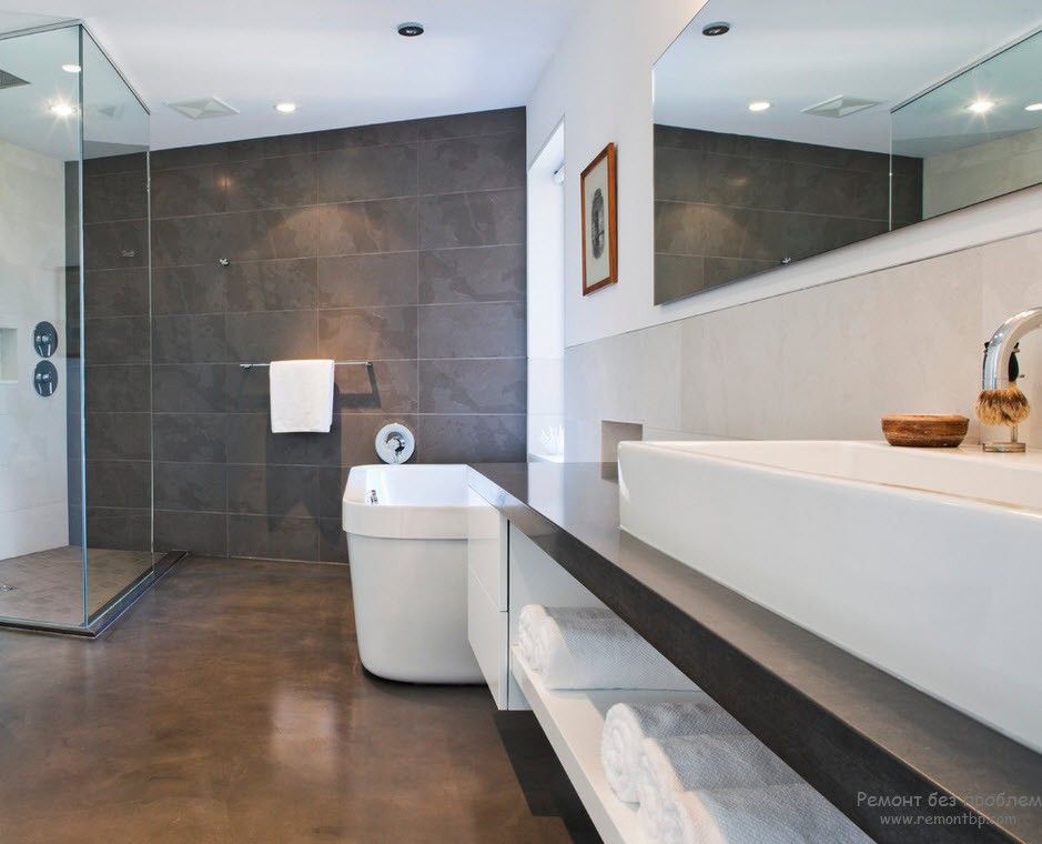 Сочетание темно-серого с белым в интерьере ванной комнаты в стиле минимализм